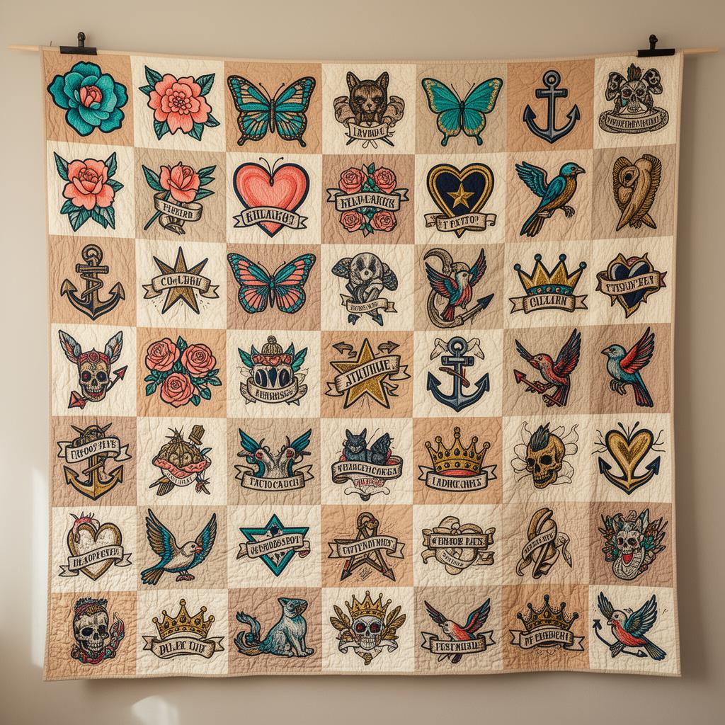 Custom quilt featuring dozens of embroidered flash art designs like a tattoo parlor wall