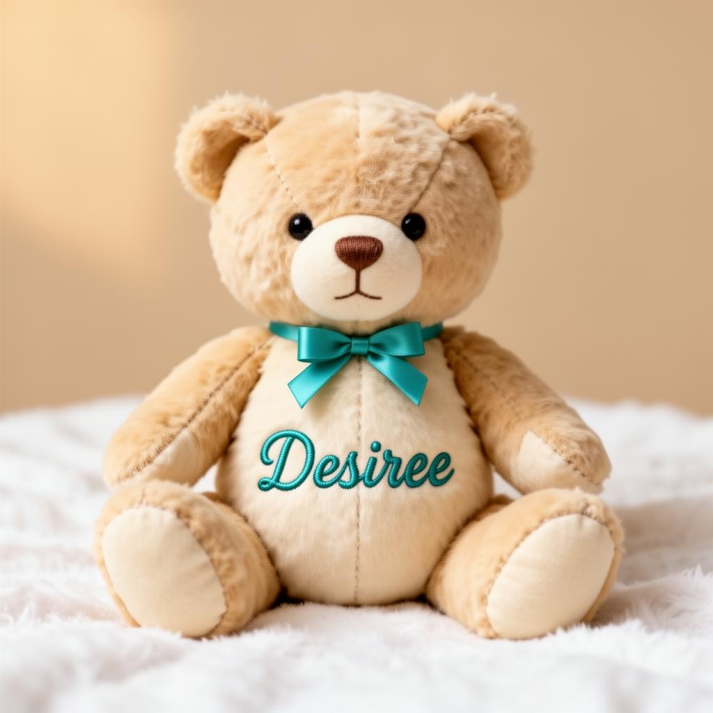 Custom embroidered teddy bear with the name Desiree stitched in teal