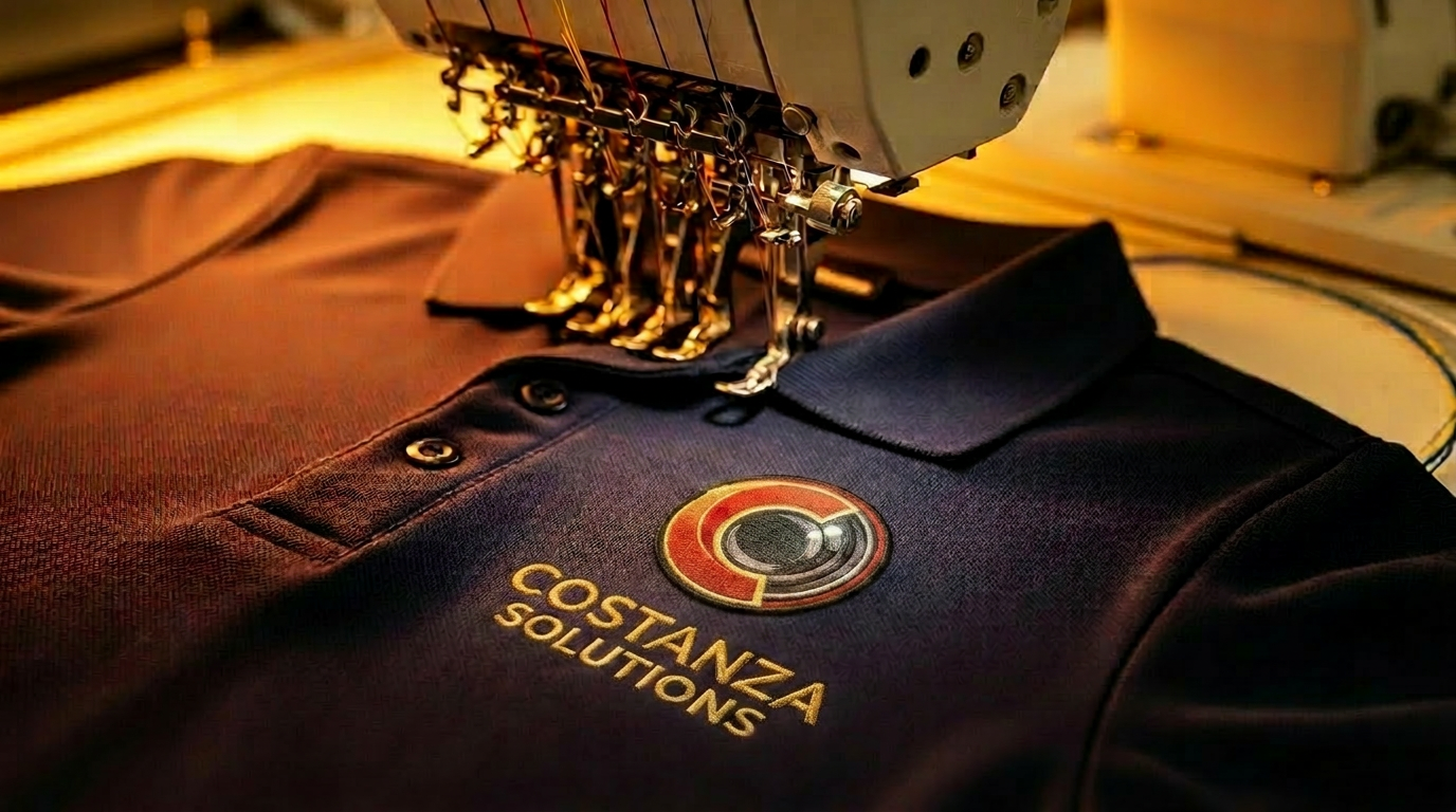 Professional embroidery machine stitching a logo on a polo shirt